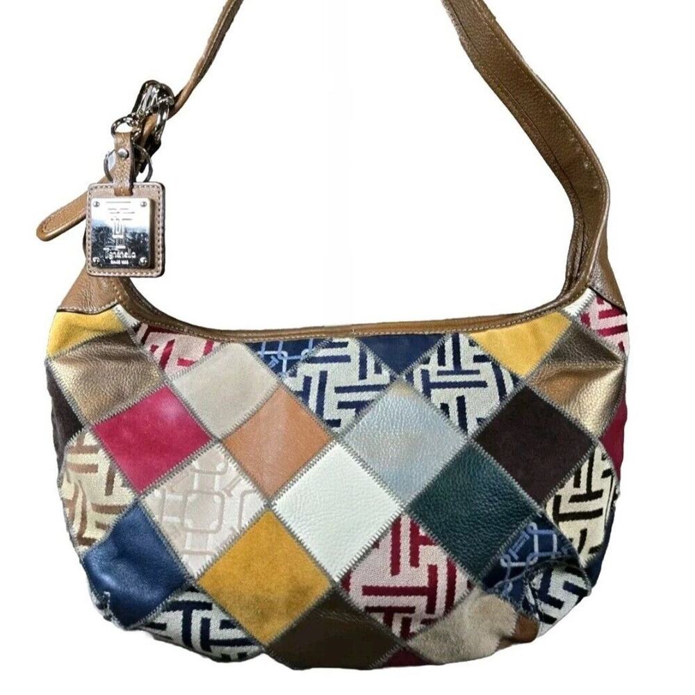 Vintage 90s Patchwork Logo Leather Mixed Media Suede Fabric Purse Tignanello Bag